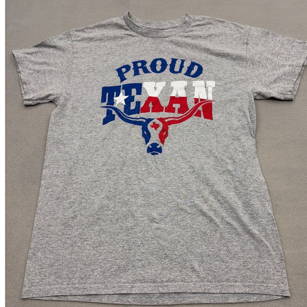 Gildan Heavy Cotton Proud Texan Graphic T-Shirt‎ Gray Mens Medium Longhorn Steer